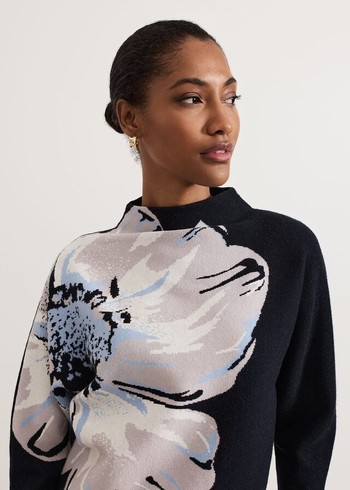 Phase Eight Bessie Blue Floral Placement Knitwear Navy Canada | NCLZDH-637